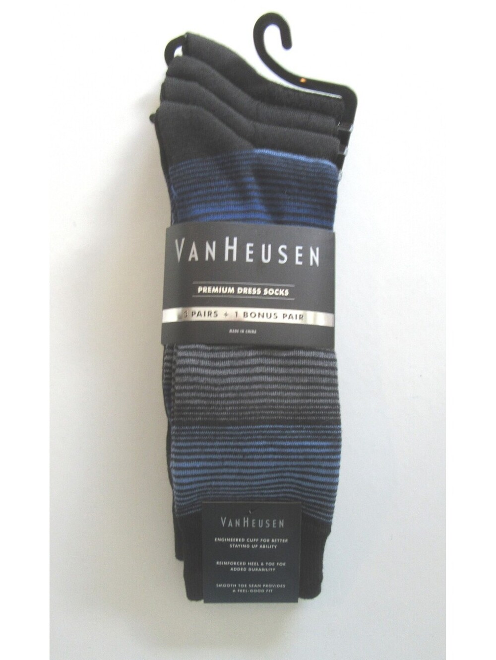 Van Heusen Premium Crew Dress Socks Black & Blue Stripe /Black 4 Pack NWT